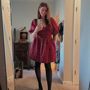 Red Plaid Puff Sleeve Dress